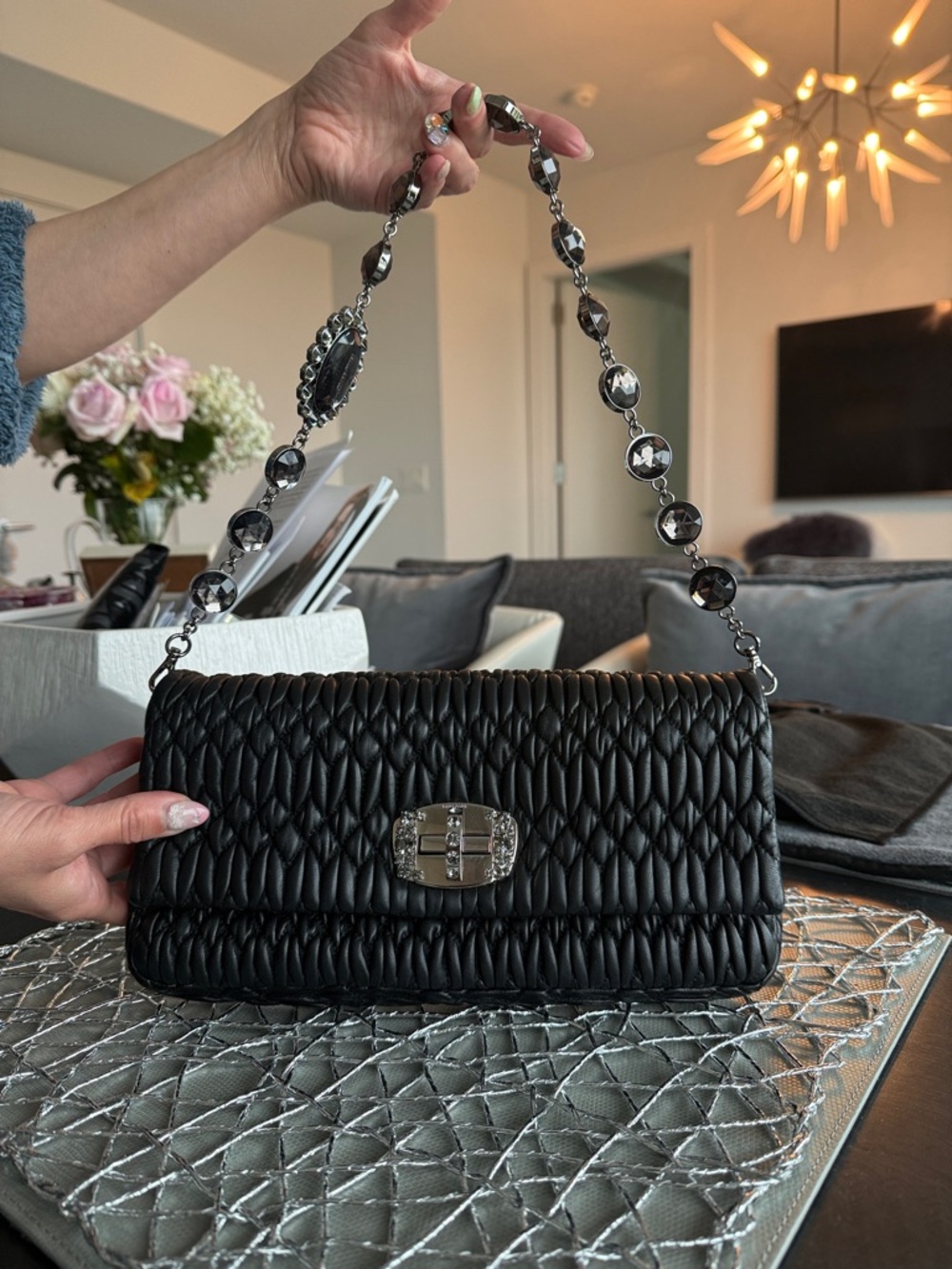 Miu Miu Black Quilted Shoulder Bag with Crystal-Link Chain